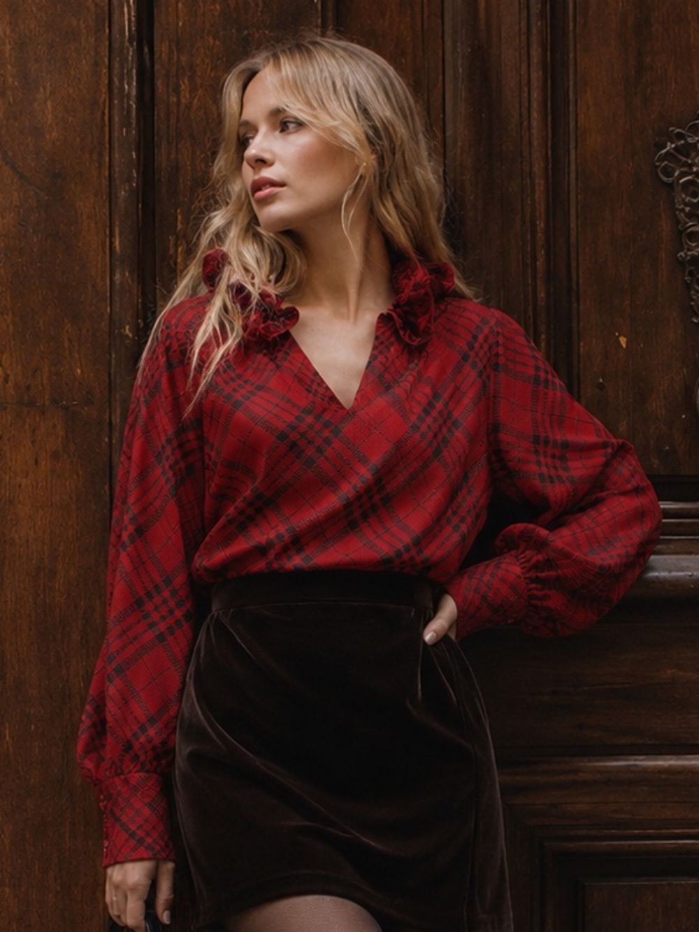 Boston Proper sheet plaid ruffle collar v neck blouse. Preppy, plaid, holiday